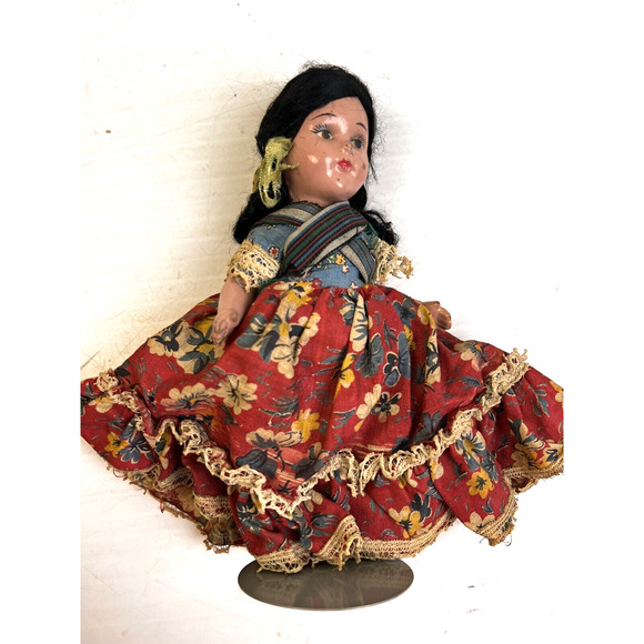 Vintage Hispanic Ethnic Doll 9" Dark Skin Black Hair Red Dress Missing Leg - Picture 1 of 8